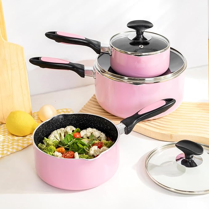 Nonstick Saucepan Set with Lid, Non Stick 1Qt & 2Qt & 3Qt Sauce Pan Set with Glass Lid Small Pot for Home Kitchen