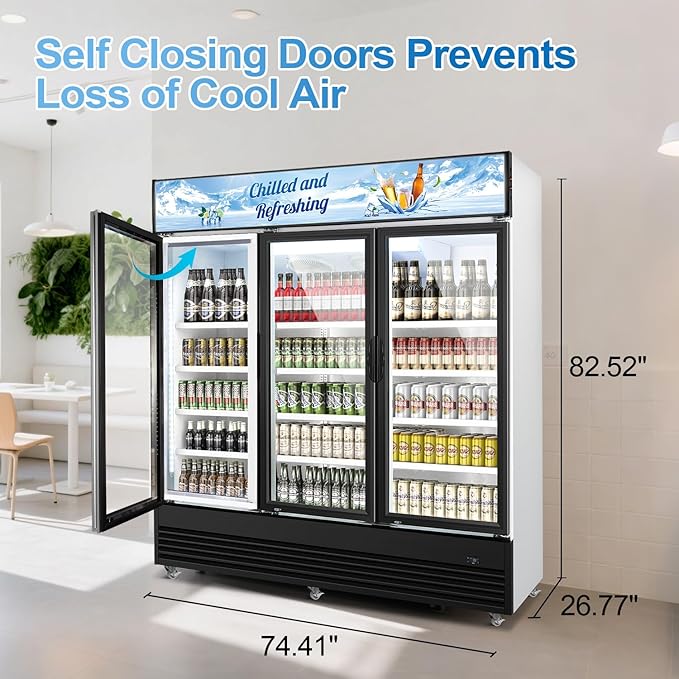 Tylza Commercial Refrigerator, Three Glass Door Display Beverage Fridge, 59.06 Cu Ft Upright Beverage Cooler Merchandiser with Replaceable Advertising Light Board, Rebound Door, Fast Cooling