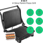Chefman Panini Press Grill and Gourmet Sandwich Maker NonStick Coated Plates,Opens 180 Degrees to Fit Any Type or Size of Food,Stainless Steel Surface and Removable Drip Tray,4 Slice,Black,(Pack of 2)