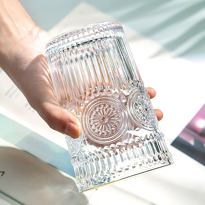Kingrol Embossed Vintage Drinking Glasses Set of 6, 12 oz Textured Glass Tumblers, Clear Retro Water Glasses for Iced Coffee, Juice, Cocktails & Everyday Use