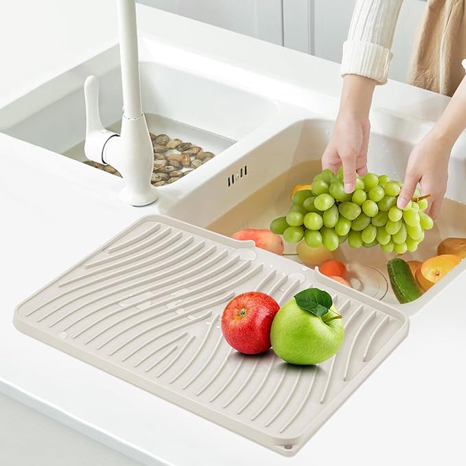 TIKNIK Silicone Dish Drying Mat, Stone Drying Mat for Kitchen Counter with Built-In Drain, Non-Slip Drain Pad with Built-in Drain, Heat Resistant Stone Drying Mat, Hangable, Cream-1pcs, 20" x 15"