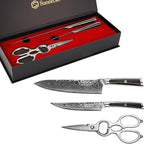 Sunnecko Damascus Kitchen Knife Set 3 Piece, Sharp Chef Knife Set with Kitchen Scissors, Professional Kitchen Knives Sets Full Tang with Gift Box
