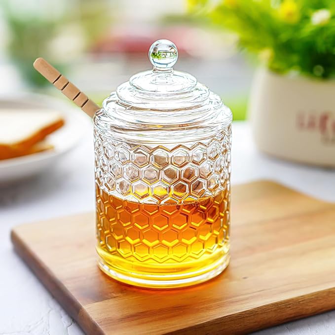 kanpura Clear Crystal Honey Pot with Dipper and Lid Glass Honey Jar with Dispenser Honey Holder and Syrup Container for Christmas Home Kitchen Decor,9 oz