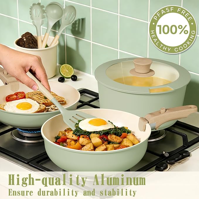 Umite Chef Non Stick Pots and Pans Set, 21 Pcs Ceramic Kitchen Cookware Set with Detachable Handle, Nonstick Healthy Induction Cookware, Dishwasher RV Cookware Set, Oven Safe, Stackable, Sage Green