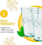 Amici Home Bee Hiball Glass | 16 Oz | Italian Made, Recycled Glass with Green Tint | Drinking Glass with Embossed Bee Design for Water, Juice, Cocktails (Set of 6)