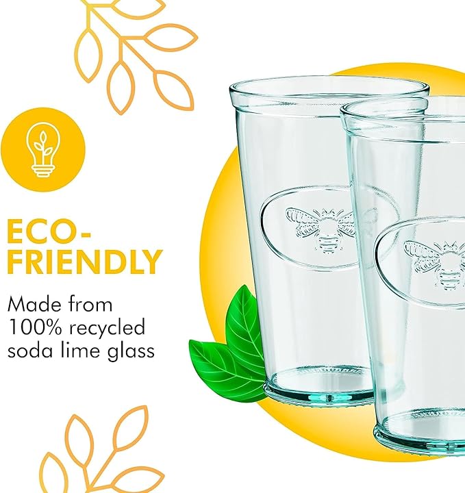 Amici Home Bee Hiball Glass | 16 Oz | Italian Made, Recycled Glass with Green Tint | Drinking Glass with Embossed Bee Design for Water, Juice, Cocktails (Set of 6)