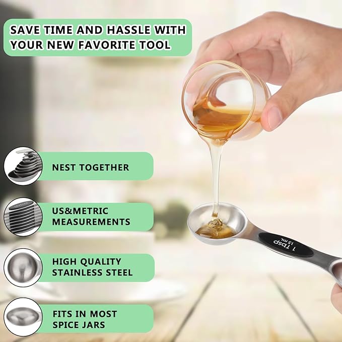 Magnetic Measuring Spoons Set of 9 Stainless Steel Dual Sided Stackable Teaspoon Tablespoon Nesting Measuring Spoon for Measuring Dry and Liquid Ingredients Fits in Spice Jar