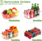 Snack Organizer for Pantry Shelf, 4 Pack Clear Plastic Pantry Storage Bins with 3 Dividers for Snacks, Spices, Chips Food Organizer, Stackable Pantry Organizers for Kitchen, Fridge, Cabinet