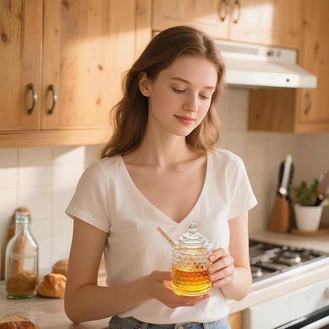 kanpura Clear Crystal Honey Pot with Dipper and Lid Glass Honey Jar with Dispenser Honey Holder and Syrup Container for Christmas Home Kitchen Decor,9 oz