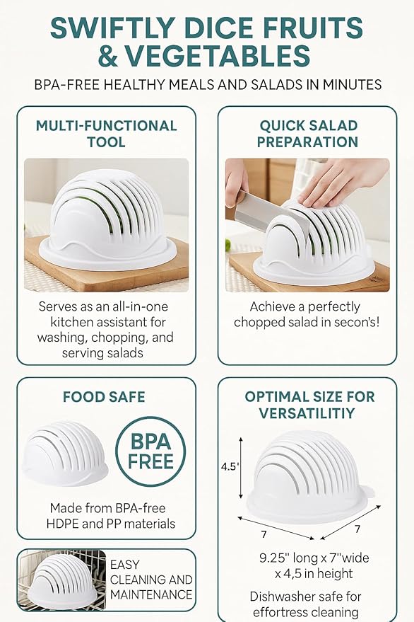 Quick Salad Maker Chopper Salad Cutter Bowl Swiftly Dice Fruits & Vegetables, BPA-Free Healthy Meals and Salads in Minutes Multi-functional (White)
