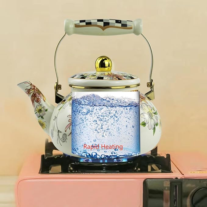 Floral Enamel Tea Kettle Bohemian Vintage Teapot Hot Water Coffee Kettle Pot 2.5L Porcelain Beige Colorful Rustic Tea Pot for Stovetop Hot Water Kitchen Decor