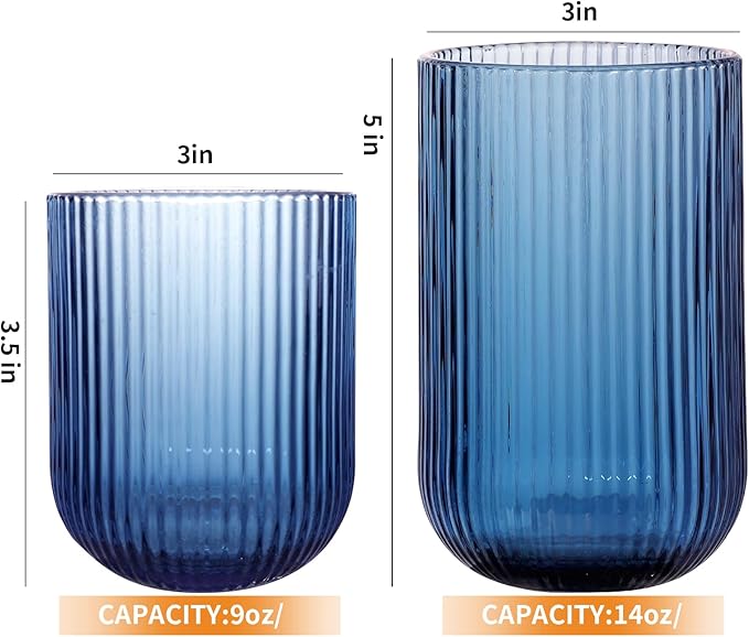 Set of 8 Ribbed Glassware,4 Highball Glasses 14oz & 4 Rocks Drinking Glasses 9oz, Origami Style, Fluted Design, for Milk, Water, Cocktail, Juice, Beer, ToothBrush Cup, Gif (Blue)