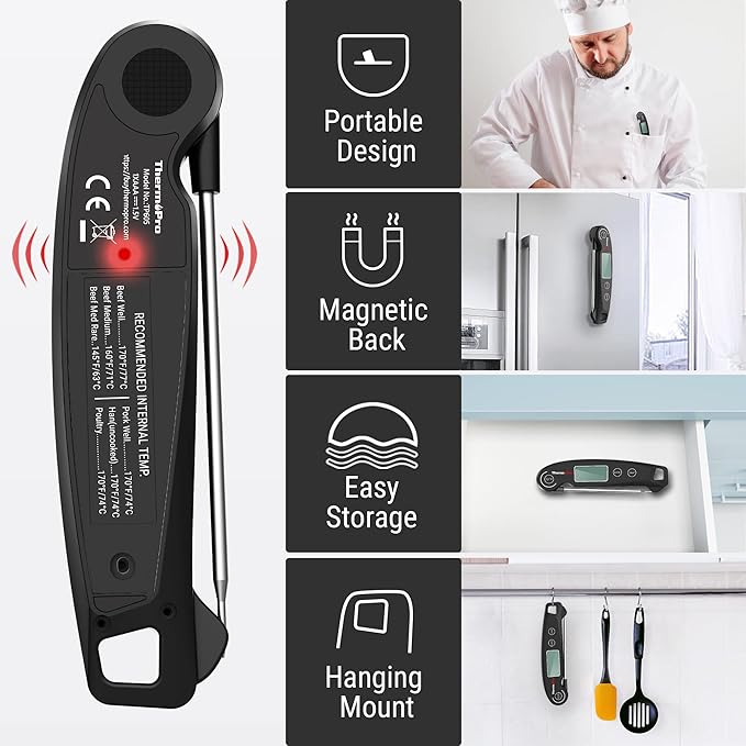 ThermoPro TP605 Instant Read Meat Thermometer Digital for Cooking, Waterproof Food Thermometer with Backlight & Calibration, Digital Probe Cooking Thermometer for Kitchen, Outdoor Grilling and BBQ