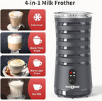 Milk Frother, Paris Rhône 4-in-1 Milk Steamer and Frother, Hot & Cold Foam Milk Warmer with Temperature Control, Auto Shut-Off Frothers for Coffee, Latte, Cappuccino, Macchiato, Grey