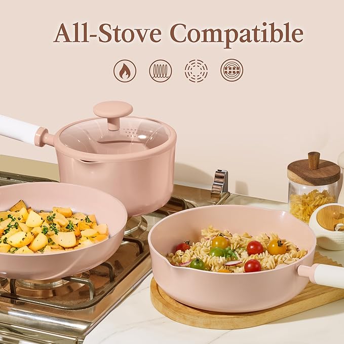 CAROTE Ceramic Cookware Set Nonstick, 9pcs Pots and Pans Set Non stick, Non-Toxic & PFAS-Free,Dishwasher, RV/Camping Cookware Set,Sauce Pan with Lid, Pink