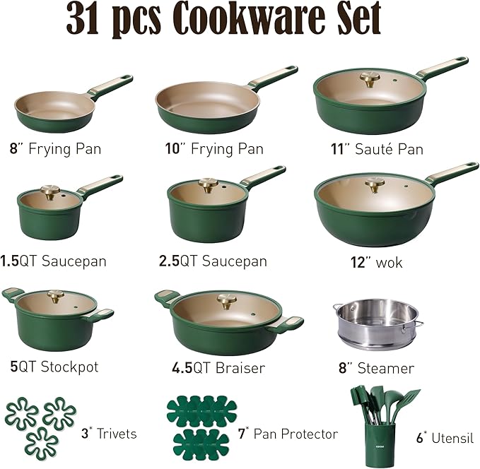 CAROTE Pots and Pans Set Non stick, Cookware Set, 31pcs NonStick Kitchen Set Induction Cookware Non-toxic Cooking Set, Green