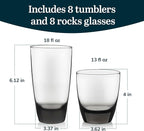 Libbey Classic Rocks and Tumbler Glass Cups Set, Elegant Mixed Drink Glasses Set with Modern Clean Lines, Dishwasher Safe Drinkware Set of 16