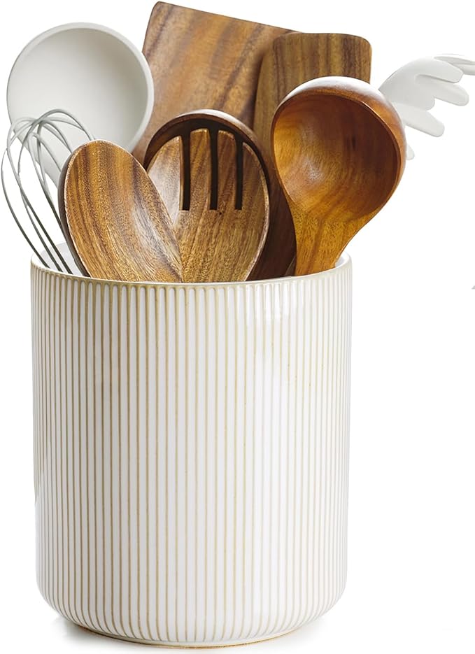 getstar Large Kitchen Utensil Holder for Kitchen Counter (H7.2” x W6.2”), Ceramic Cooking Utensil Holder with Cork Mat (Vintage, Large(7.2"))