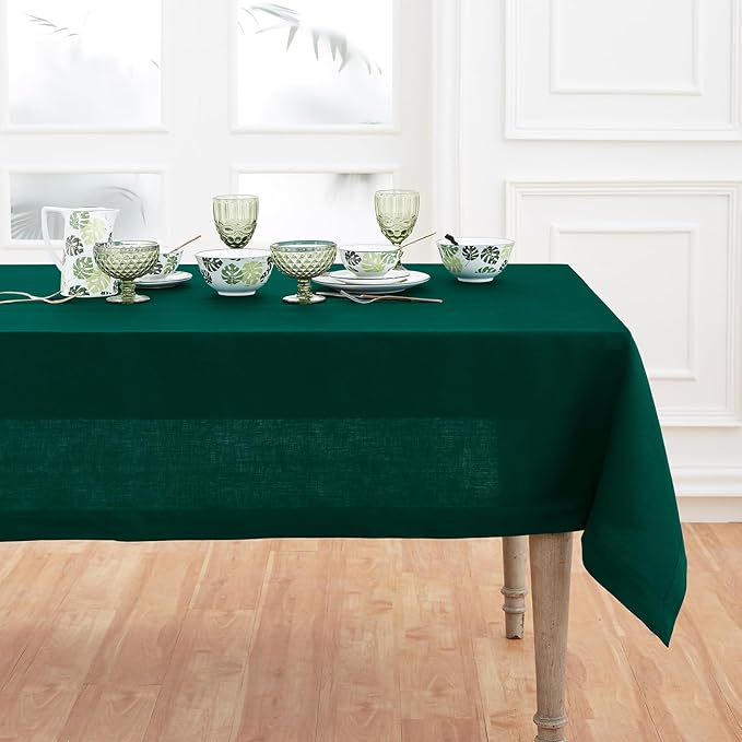 Solino Home Linen Tablecloth for Rectangle Tables 60 x 120 Inch - 100% Pure Linen Rainforest Green Table Cloth - Fete, Machine Washable Cloth Tablecloth for Christmas, Holiday, Winter, New Year
