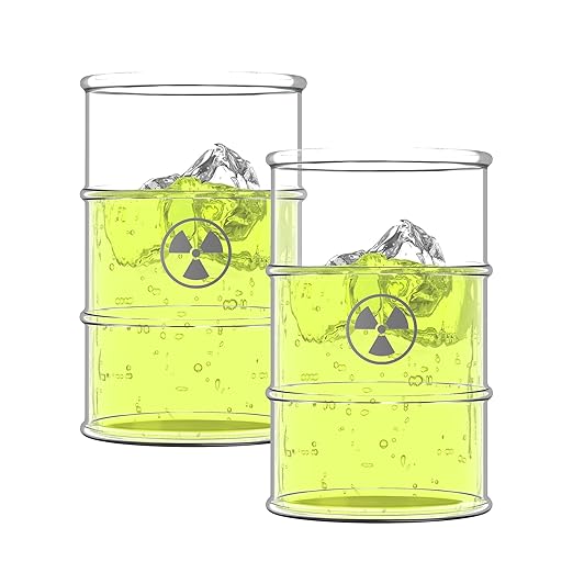 Pund'it Polluted Shatter Resistant Halloween Drink Glasses, Set of 2, 16oz Radioactive Barrel Themed Cocktail and Soda Glasses