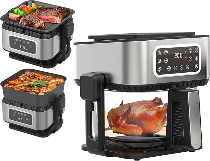 3-in-1 Air Fryer Oven, 5.2QT with See-Through Window, 8 Presets Touchscreen, Multi-Cooker for Air Frying, Roasting, Baking, Dehydrate, Reheat & Stewing, Turbo Crisp Technology, No Flip Needed.