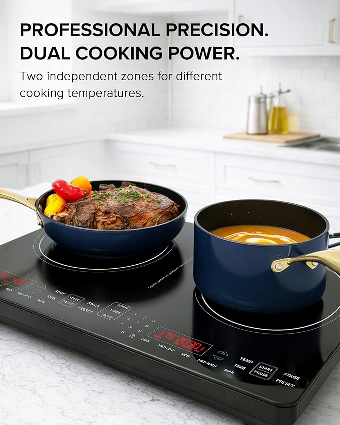 Nuwave PIC Double Portable Induction Cooktop, 900W/1500W/1800W Options, Two 8” Heating Zones, 106 Precise Temperatures from 50°F–575°F in 5°F Increments, Shatter-Resistant Ceramic Glass