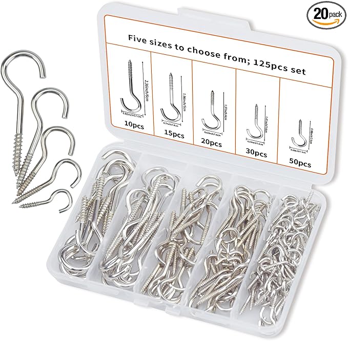 125 Pieces of Screw Cup Hook Set 5 Sizes Ceiling Small Hooks Wardrobe Decoration Hanging Accessories for Hanging Outdoor or Indoor use (0.98" 1.41" 1.57" 1.96" 2.36") (Silver)