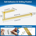 Paper Towel Holder - Self-Adhesive or Drilling, Gold, Wall Mounted, SUS304 Stainless Steel Kitchen Roll Dispenser Under Cabinet