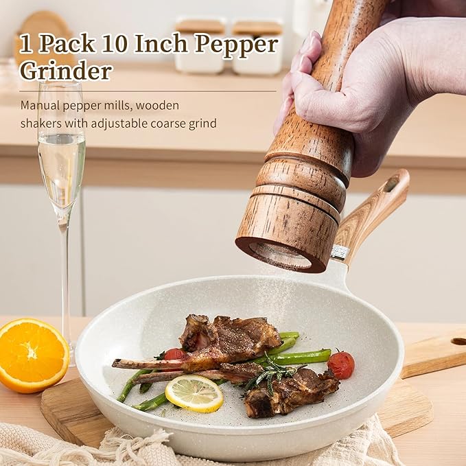 1 Pack - 10 Inch tall Wooden Pepper Mill or Salt Mill Elegan Pepper Grinder Wood with a Adjustable Ceramic Rotor and Easily Refillable - Oak Wood Salt Grinder for Your Kitchen