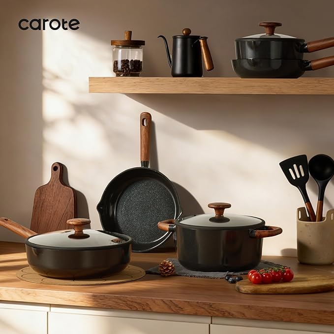 CAROTE 21pcs Cookware Set Nonstick Pots and Pans Set, Ceramic Cookware Set Induction Cookware, Non toxic Healthy Non Stick Kitchen Cooking Set, PFAS PTFE Free, Black