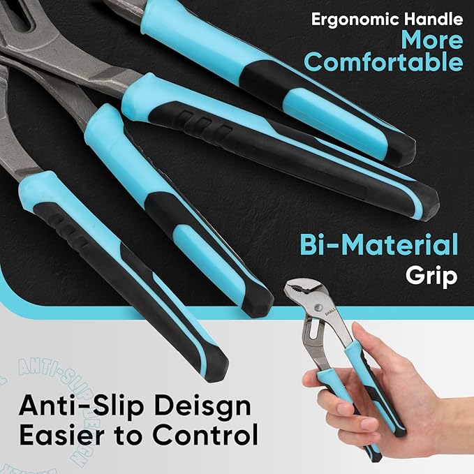 SHALL 4-Piece Groove Joint Pliers Set, 12/10/8/6 Inch Adjustable Water Pump Pliers with Cushion grip, Tongue and Groove Pliers w/Tool Roll Bag for Home Repair, Plumbing, Gripping, Nuts, Bolts