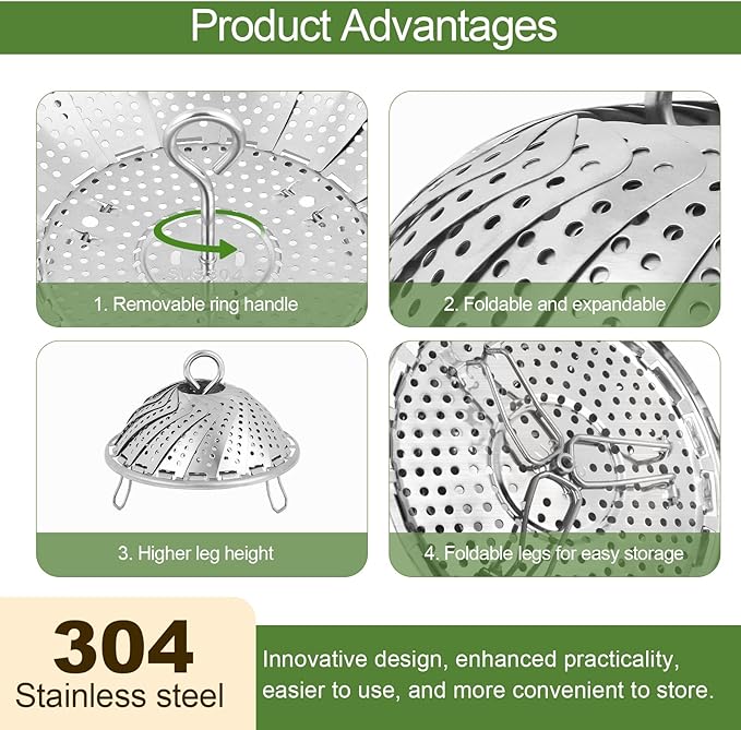 Steamer Basket for Cooking – Premium 304 Stainless Steel Steamer Basket, 3rd Gen Folding Expandable Steamers, Suitable for Cookware Pot, Fit for Fish Vegetables Pasta Eggs (Small (5.5“ to 9.05”))