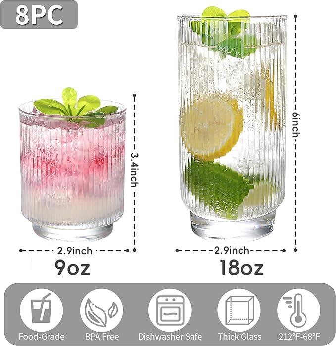 Set of 8 Ribbed Glass Cups with Crystal Base,4 Highball Glasses 18oz & 4 Rocks Drinking Glasses 9oz, Art Deco, for Water, Iced coffee, Cocktail, Juice, Whiskey, Wine, Gift