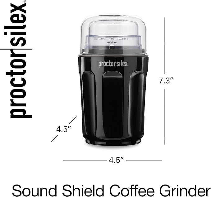 Proctor Silex Sound Shield Electric Coffee Grinder for Quiet Grinding, Stainless Steel Blades, Beans, Spices and More, 12 Cups, Black (80402)