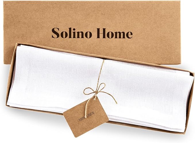 Solino Home Linen White Placemats Set of 4 - 100% Pure Linen Placemats 14 x 19 Inch for Winter, Valentines, Holiday, New Year - Fete