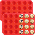 Sakolla 2 Pack Silicone Muffin Pan, Nonsticks 24 Cups Mini Cupcake Pans for Baking Muffin, Egg Bite, Cupcakes and Puddings (Red)