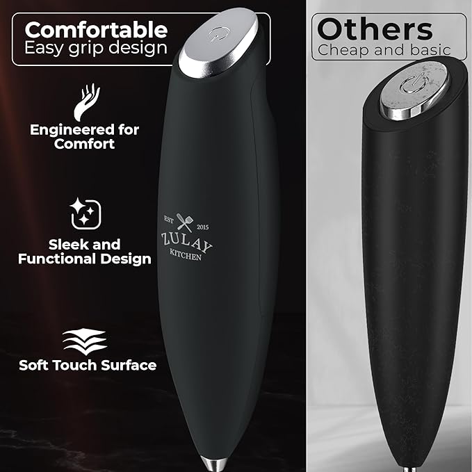 Zulay Kitchen Patented Tornado Triple Whisk Milk Frother with 4 Duracell Batteries – Handheld Foam Maker for Coffee, Lattes, Matcha & Hot Chocolate – Rich, Creamy Froth in Seconds - Onyx Gray