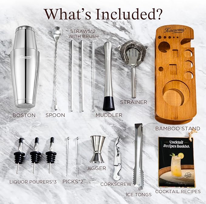 KITESSENSU Boston Shaker Set Bartender Kit with Stand | Bar Set Drink Mixer Set with All Essential Accessory Tools: Boston Shaker, Jigger, Strainer, Mixer Spoon, Muddler, Liquor Pourers |Silver