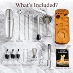 KITESSENSU Boston Shaker Set Bartender Kit with Stand | Bar Set Drink Mixer Set with All Essential Accessory Tools: Boston Shaker, Jigger, Strainer, Mixer Spoon, Muddler, Liquor Pourers |Silver