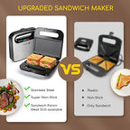 Aigostar Sandwich Maker, Non-Stick Panini Press Sandwich Maker Breakfast Grilled Cheese Maker, Stainless Steel Tostadora de Pan