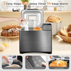 KBS 710W 2LB Bread Maker Dual Heaters, 17-in-1 Stainless Steel Bread Machine with Healthy Ceramic Pan, Automatic Nut Dispenser, Tempered Glass Touch Panel, 3 Crust Colors, 15H Timer& Keep-Warm,Recipes