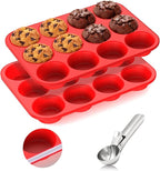 Samuelworld Silicone Muffin Pan for Baking: 24 Cup Muffin Pan with Metal Reinforced Frame, Regular Size Cupcake Egg Bites Molds for Baking, BPA Free Silicone Muffin Tray, 2 Pack, Red (With Scooper)