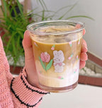 Ivymei Set of 2 12 OZ Floral Drinking Glasses Crystal Glass Flower Coffee Cups Cute Rabbit Glass Cups for Juice, Iced Tea, Coffee, Latte, Milk, Dessert, Stackable Glassware Drinkware Set (Purple)
