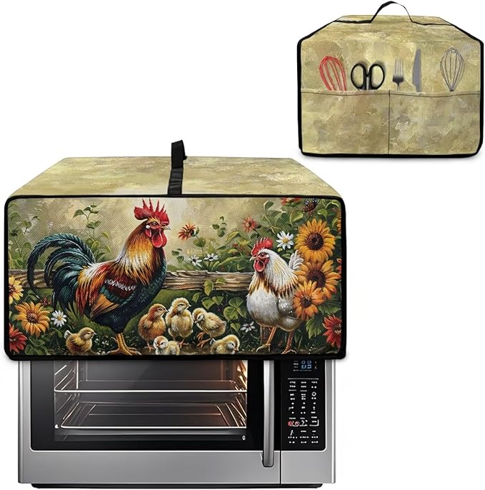 Rooster Sunflower Print Toaster Oven Dust-proof Cover Heat-Resistant Kitchen Small Appliance Air Fryer Covers Universal Washable Microwave Oven Covers (Large-18.5 * 22.5 * 12.99 inches)