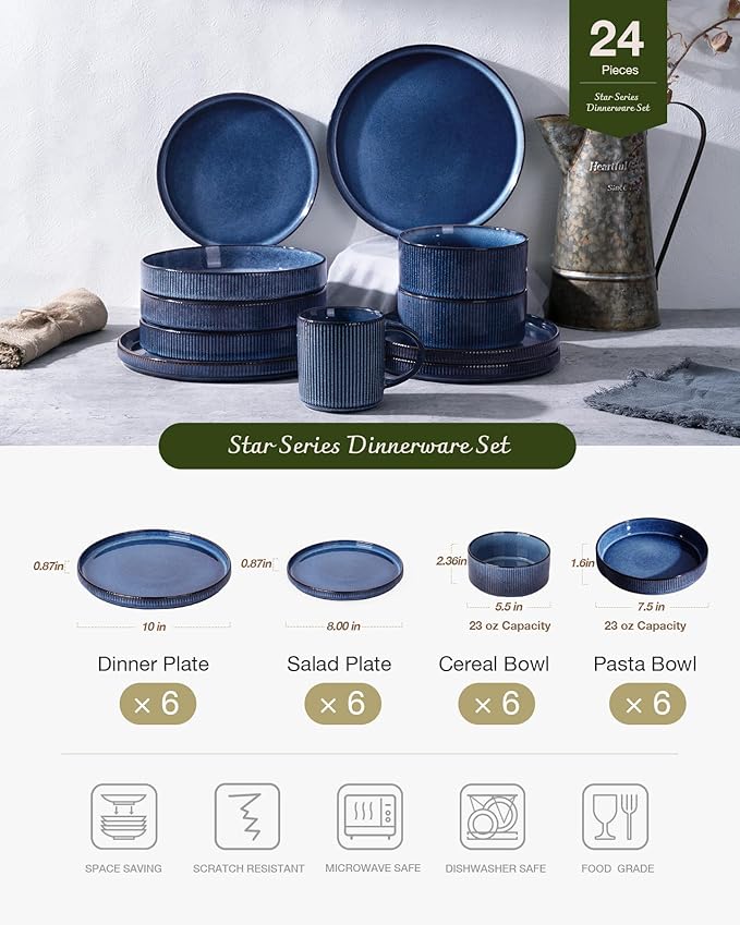 Famiware Star 24-Piece Stoneware Dinnerware Sets for 6 - Shallow Pasta Bowls & Flat Plates, Modern Rustic Reactive Glaze Dishes, Chip & Scratch Resistant, Microwave & Dishwasher Safe, Nebulas Blue