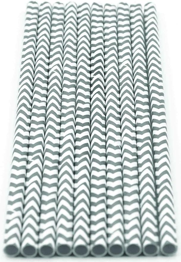 Pack of 300 Gray Chevron Biodegradable 4-Ply Paper Drinking Straws (Compostable, Non-toxic, BPA-free)