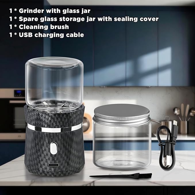 Unique Electric Herb Grinder, Small Spice Grinder Electric herb Grinders Mini Size 2x3.5inches with 2pcs 1.7oz/50ml Glass Jar Herb Jar Portable Grinders Rechargeable Automatic herb Grinder