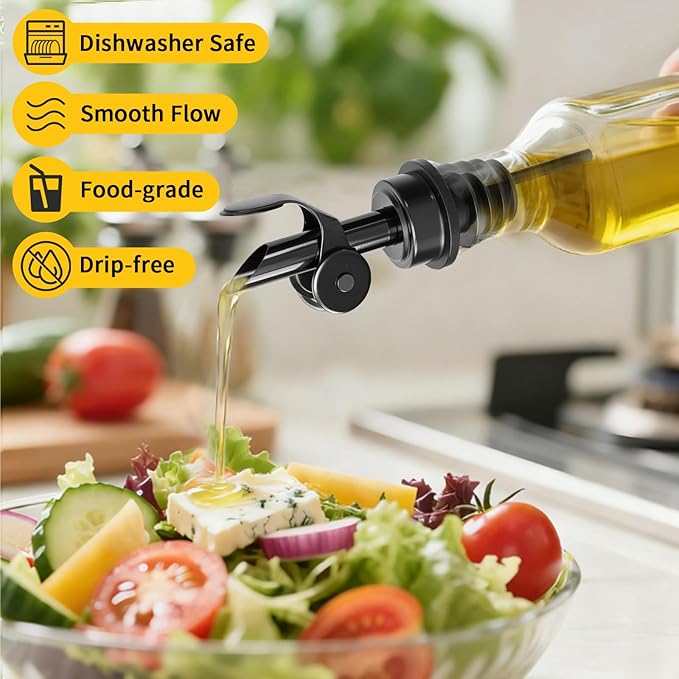 6 Pcs Auto Flip Liquor & Oil Pour Spout, 304 Stainless Steel Dispenser Spout for Olive Oil, Alcohol, Wine, Vinegar, Home & Bar Essential Tools, Black