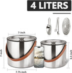 Bakpoco 4L Ice Bucket with Lid, Scoop,Tongs & Strainer, Stainless Steel Double Wall Insulated Ice Buckets for Parties & Cocktail Bar, Large Outdoor Champagne Ice Container, Light Brown Handle