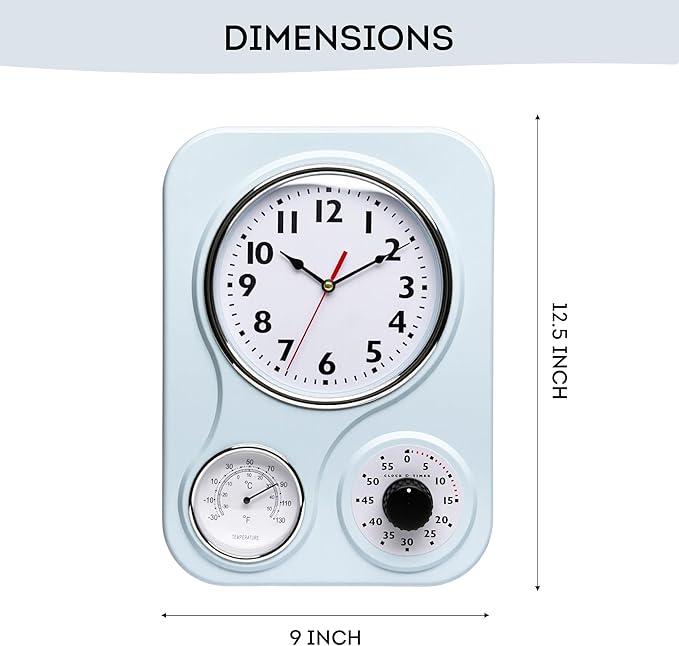Lily's Home - 9.5 Inch x 12.5 Inch - Retro Kitchen Wall Clock, Vintage Wall Clock with a Thermometer and 60-Minute Timer, Ideal for Any Kitchen, Office, or Diner (Light Blue)